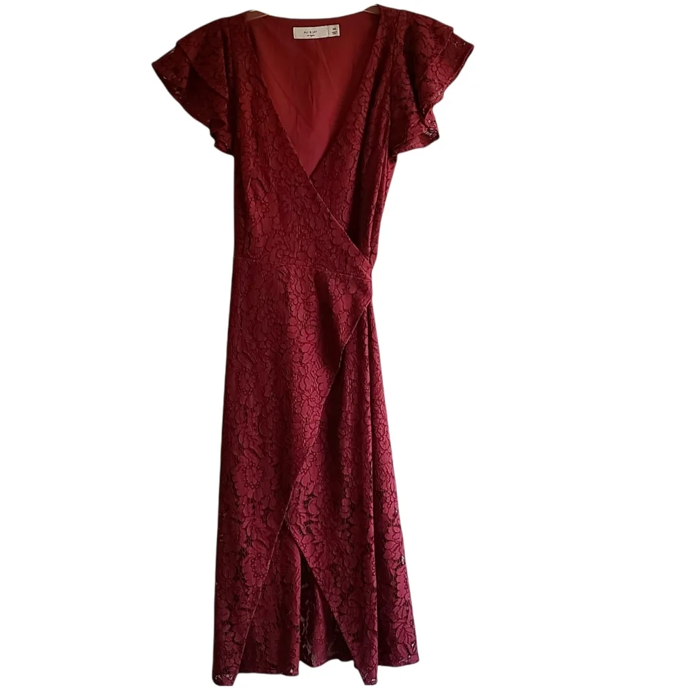Ali & Jay | Laces & Paper Flowers Ruffled Short Sleeve Midi Wrap Dress XSMALL